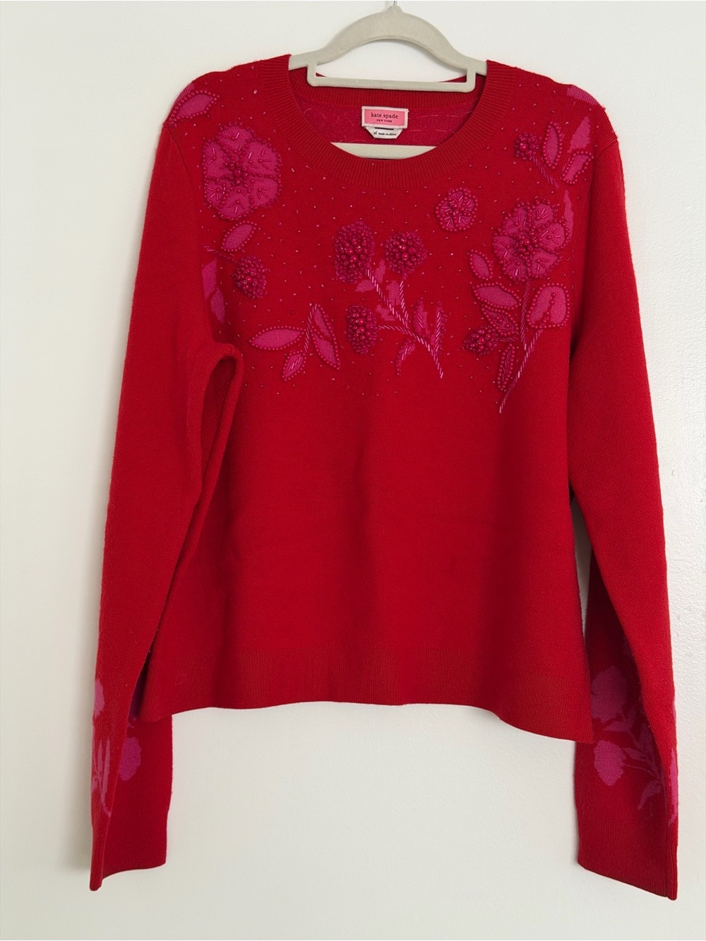 Kate Spade New York Wool Red Beaded Floral Embellished Sweater - Size XL